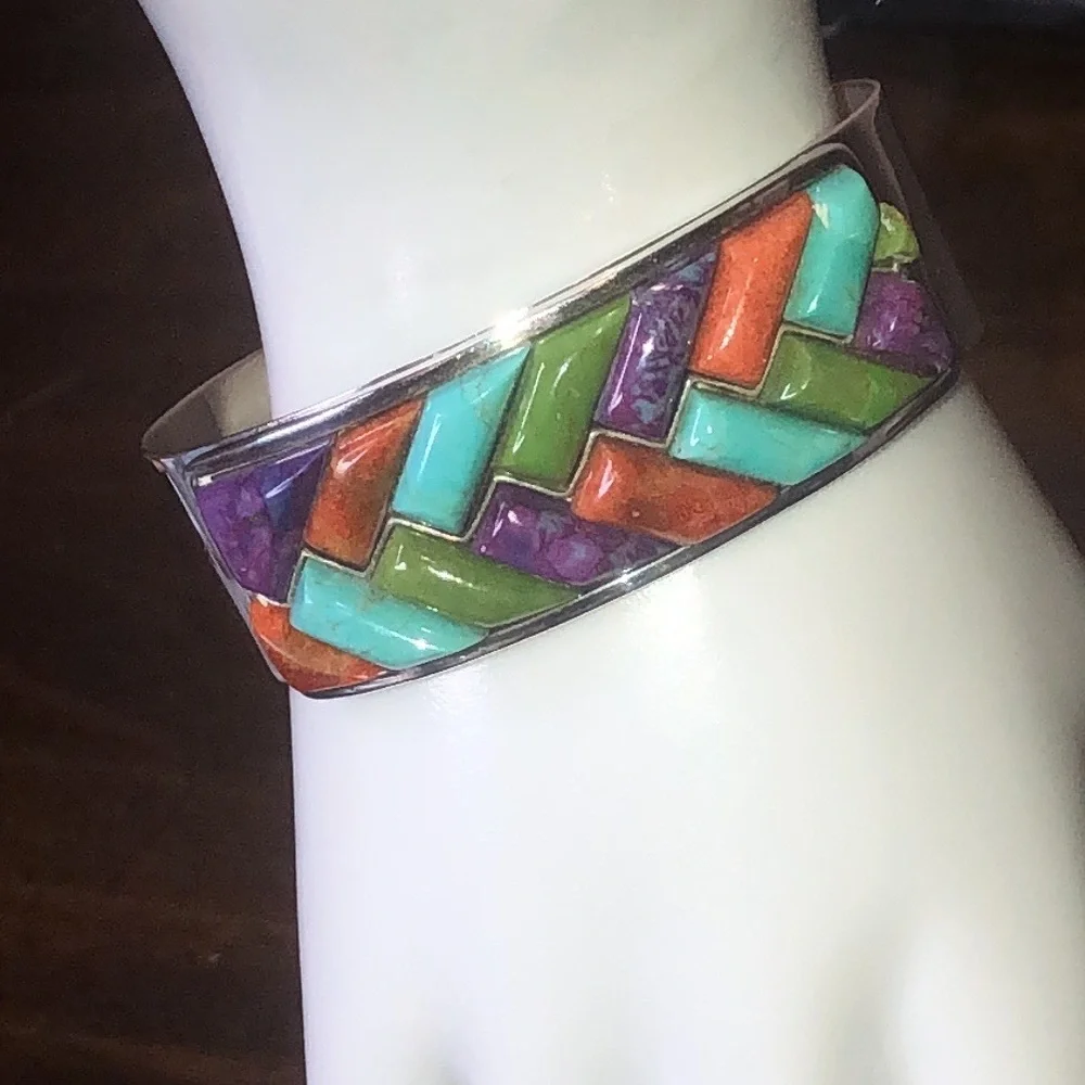 JAY KING Turquoise Coral Green Turquoise Sterling Silver Braided Gem Stone Cuff - Picture 7 of 17
